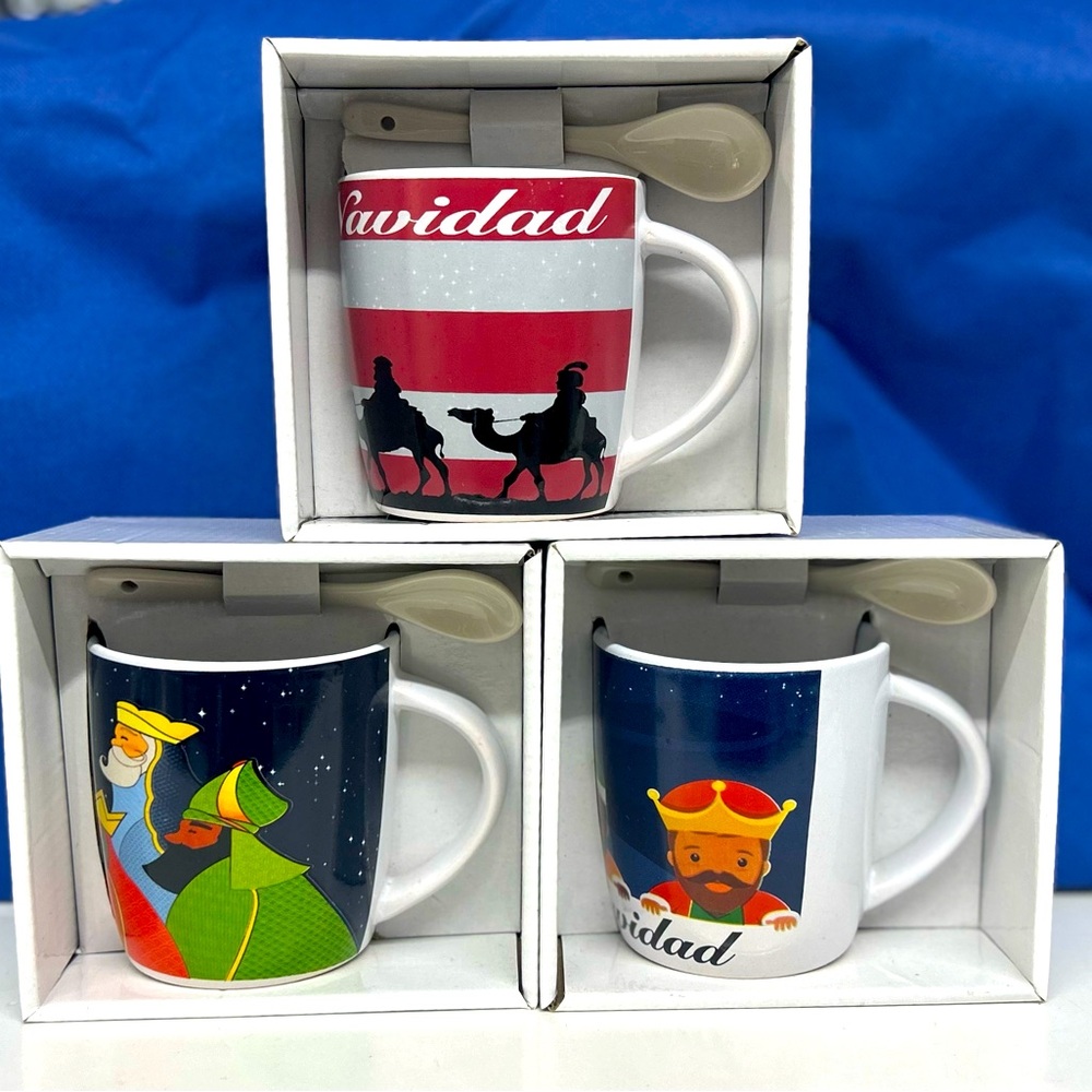 NWT Collection of 3 cups & spoon of coffee alluding to the three wisemen of PR.